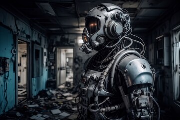 Fototapeta premium cyborg robot in a abandoned room created with generative AI software.