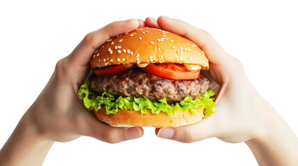 Hands holding hamburger on transparent