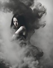 a woman sublimating into smoke, dissolving away