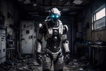 cyborg robot  in a abandoned room  created with generative AI software.