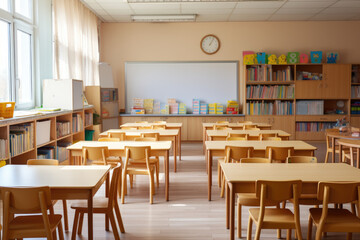 Empty kindergarten classroom with colorful wall and toys, back to school. Generative ai