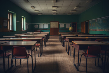 Empty classroom with wooden floor and lesson accessories, back to school. Generative ai.