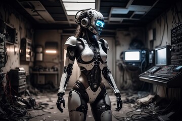 Fototapeta na wymiar cyborg robot in a abandoned room created with generative AI software.