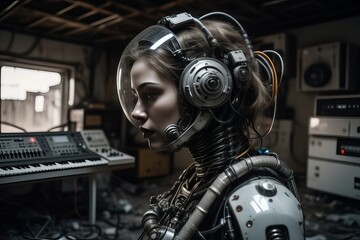 Fototapeta premium cyborg robot in a abandoned room created with generative AI software.