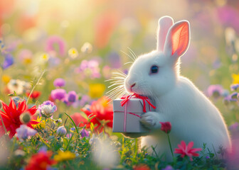 weißer kuschliger Hase mit Geschenk auf einer Frühlingswiese - obrazy, fototapety, plakaty