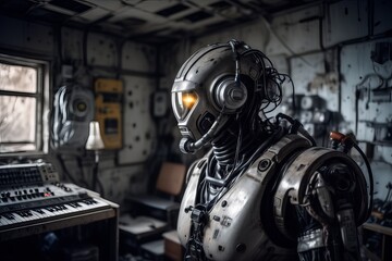 Fototapeta premium cyborg robot in a abandoned room created with generative AI software.