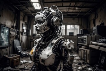 Fototapeta na wymiar cyborg robot in a abandoned room created with generative AI software.