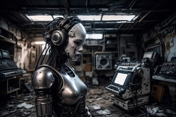 cyborg robot  in a abandoned room  created with generative AI software.