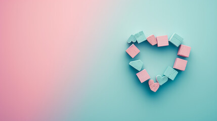 Pink and blue heart on a pastel background.