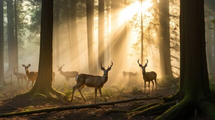 Wildlife photo of a deer herd in a misty forest at dawn