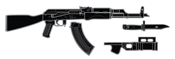 Vector illustration of AK assault rifle with additional equipment such as a magazine, bayonet and grenade launcher. Black. Right side. - obrazy, fototapety, plakaty