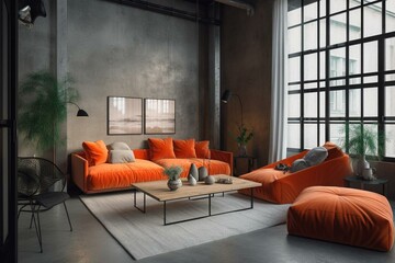 Cozy lounge in a concrete loft with an orange sofa. Generative AI