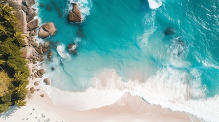 A stunning aerial view of a coastal paradise with crystal-clear waters and sandy beaches, providing space for text overlay against the pristine landscape - Generative AI