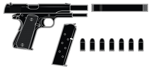 Vector illustration of the Colt 1911 automatic pistol with a breech in the rear position and equipment such as a silencer, magazine and cartridges on a white background. Black. Right side.
