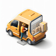 Delivery person scanning packages in a van isolated on white background, isometry, png
