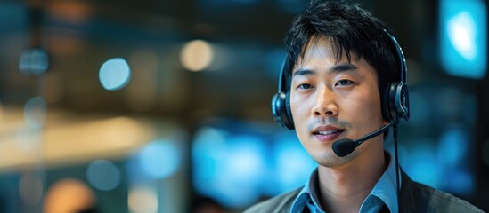 Headset-wearing Asian professional.