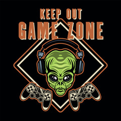 Keep out game zone vector sign with alien head in headphones and two gamepads in colored style on dark background