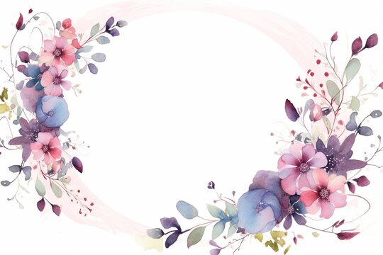On a plain white background, a watercolor floral frame showcases two symmetrical wreaths formed by an array of multicolored flowers and leaves. Created with generative AI tools