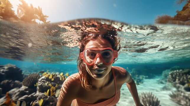 Beautiful woman diving skin diving at beautiful summer sea