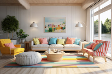 Farmhouse interior modern minimal living room with sofa and furniture colors