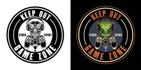 Keep out game zone vector sign with alien head in headphones and two gamepads in two styles black on white and colored