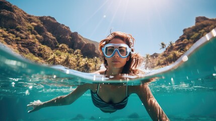 Beautiful woman diving skin diving at beautiful summer sea - obrazy, fototapety, plakaty