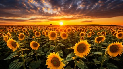 A sun-dappled field of sunflowers in the morning light, capturing the cheerful and vibrant essence of a sunflower patch at sunrise - Generative AI