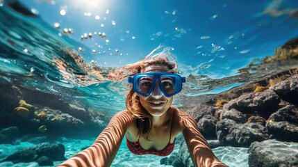 Beautiful woman diving skin diving at beautiful summer sea - obrazy, fototapety, plakaty