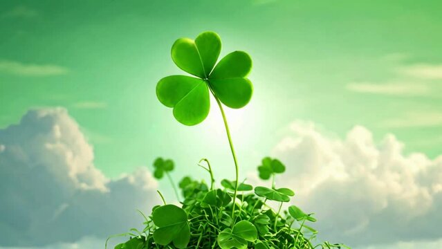 Close up of 3d abstract Shamrock on blur sky background, bright green color and copy space area with slow motion. Suitable for St. Patrick's Day Videos