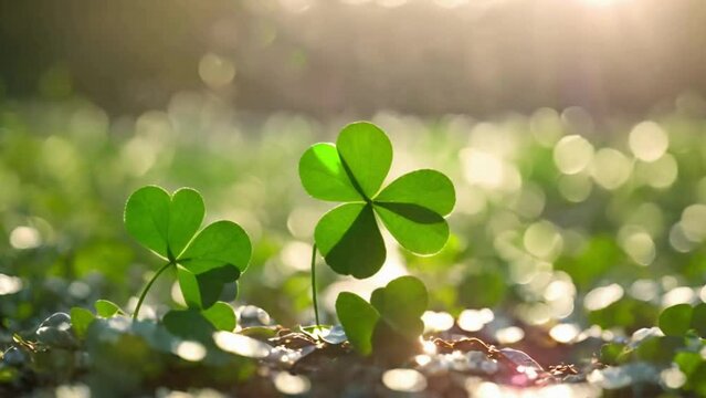 Close up of a shamrock on blurred background, bright green color and copy space area with slow motion. Suitable for St. Patrick's Day Videos