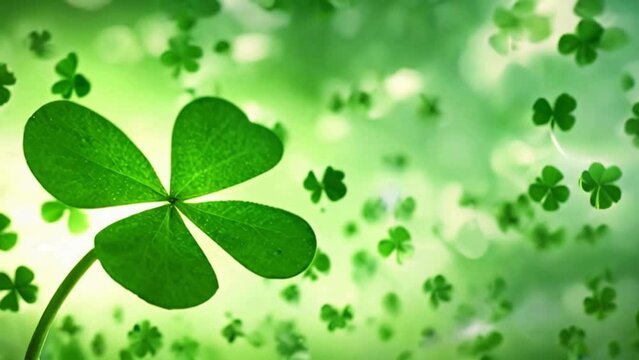 Close up of  a Shamrock Animated on blurred background, bright green color and copy space area with slow motion. Suitable for St. Patrick's Day Videos