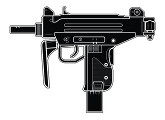 Vector illustration of the MICRO UZI israel machine gun with folded stock on the white background. Black. Left side.