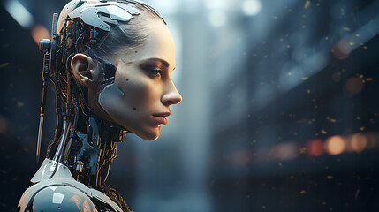 Copy space of humanoid female robot thinking, Robot  sad expression, AI-generated