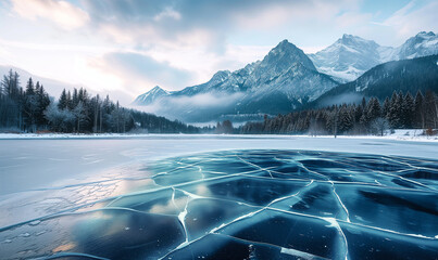 zugefrorener Bergsee mit Rissen im Eis - obrazy, fototapety, plakaty