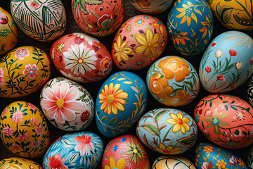 Easter holiday decorations featuring colorful eggs on a white background