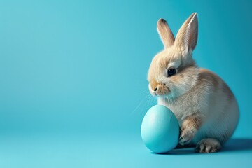 Easter bunny with a blue painted egg