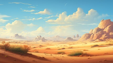 Fototapeta na wymiar A sun-kissed desert landscape at noon, with dunes and a clear sky, capturing the stark beauty and warm tones of a daytime desert scene. - Generative AI