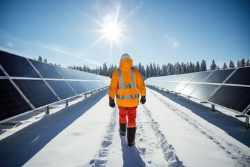 A construction worker walks through a solar field with solar panels