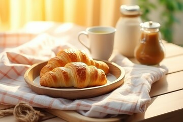 French croissant and ceramic cups with tea