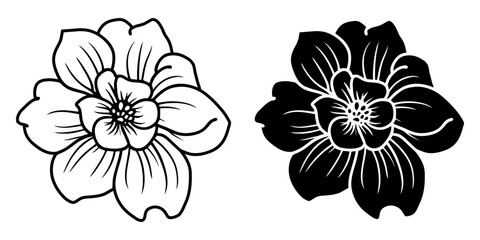 A set of two black silhouettes of flowers isolated on a white background