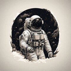 In the inky blackness of space, the silhouette of a solitary astronaut floating, graphic tshirt vector, contour, white border background