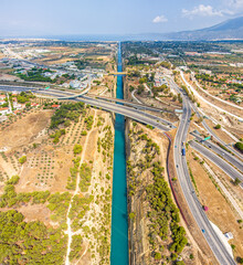 Isthmia, Greece. Corinth Canal. Summer day. Cloudy weather. Summer. Aerial view