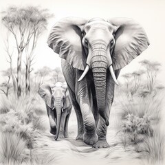Pencil sketch nice wild elephants image Generative AI