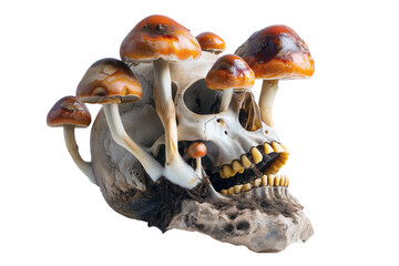 fungi mushrooms growing out of skull, on transparent background - obrazy, fototapety, plakaty