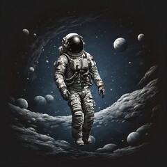 Fototapeta premium In the inky blackness of space, the silhouette of a solitary astronaut floating, graphic tshirt vector, contour, white border background