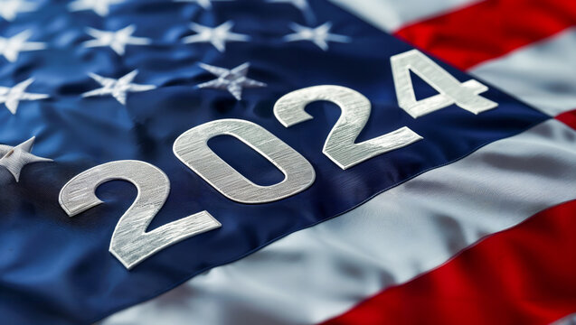 The year "2024" embroidered onto a presidential election flag