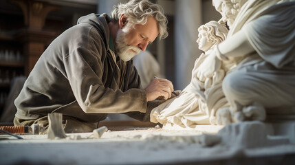 A compelling photo of a sculptor meticulously chiseling a masterpiece from marble, their dedication and the evolving form adding to the sense of artistry and craftsmanship. - obrazy, fototapety, plakaty