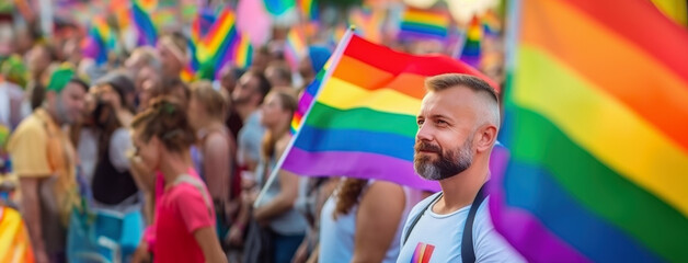 Man at Pride Parade with Rainbow Flag