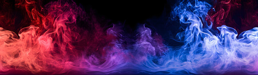 Dramatic smoke and fog in contrasting vivid red, blue, and purple colors. Vivid and intense abstract background or wallpaper. - obrazy, fototapety, plakaty