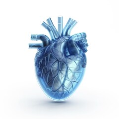 Logo of a blue human heart in full view with transparent skin depth, grey soft light, realistic lights, photorealistic, white background